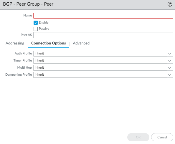 BGP Peer configuration - Connection Options tab.